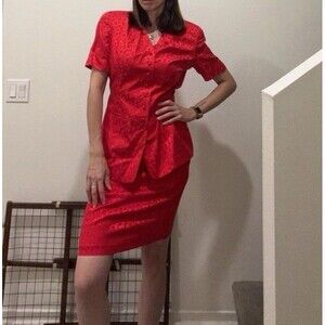 VTG Marianna Women’s 2 Piece Red 100% Silk Suit Midi Skirt Set